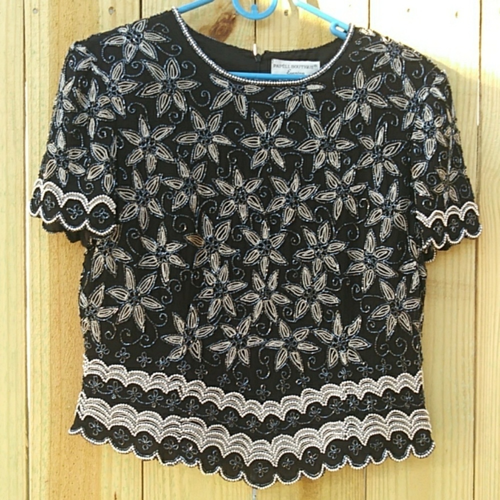 Vintage elegance short sleeve beaded Top